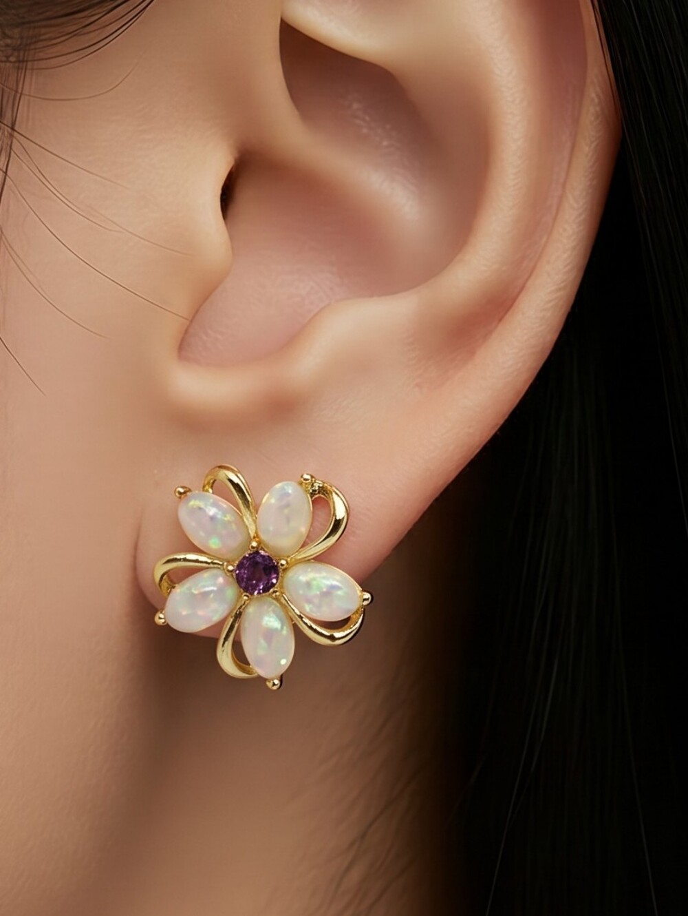 Camellia Flower Opalescent Earrings Gold Shimmer Pierced Ears Feminine Romantic